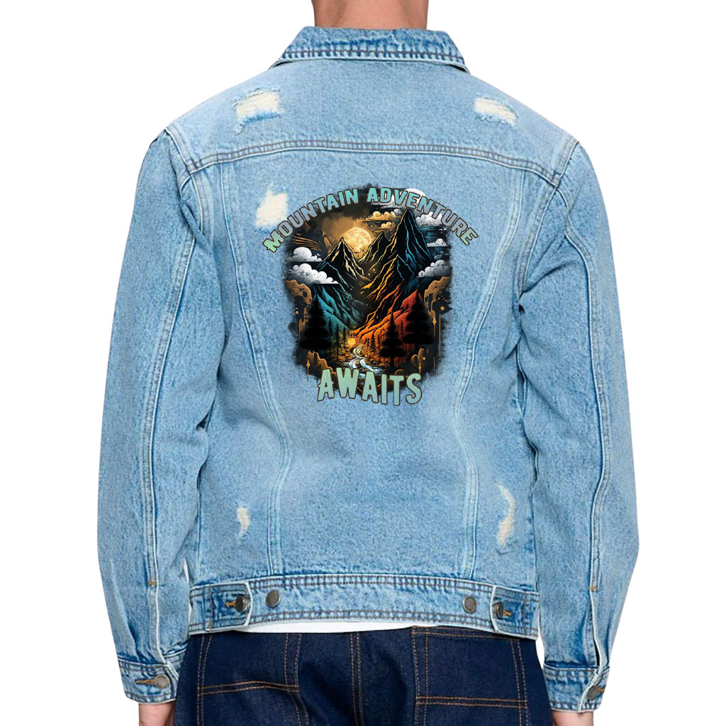 Men’s Distressed Denim Jacket – “Mountain Awaits” – Travel Print – Light Blue