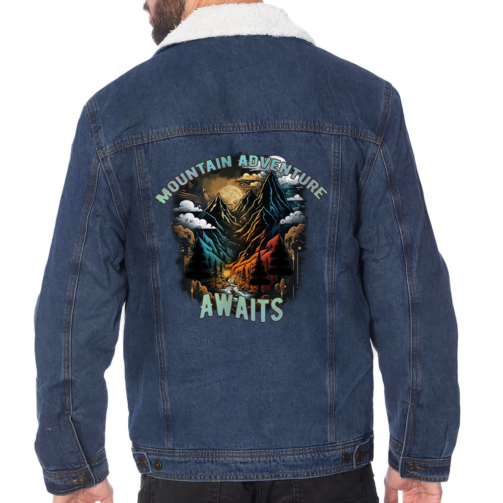 Men’s Sherpa-Lined Denim Jacket – “Mountain Awaits” – Travel Print – Dark Blue