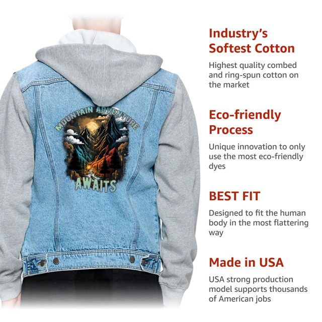 Detailed look at Men’s Denim Jacket with Fleece Hoodie – “Mountain Awaits” – Travel Print – Blue & Gray - image 4 (product view)