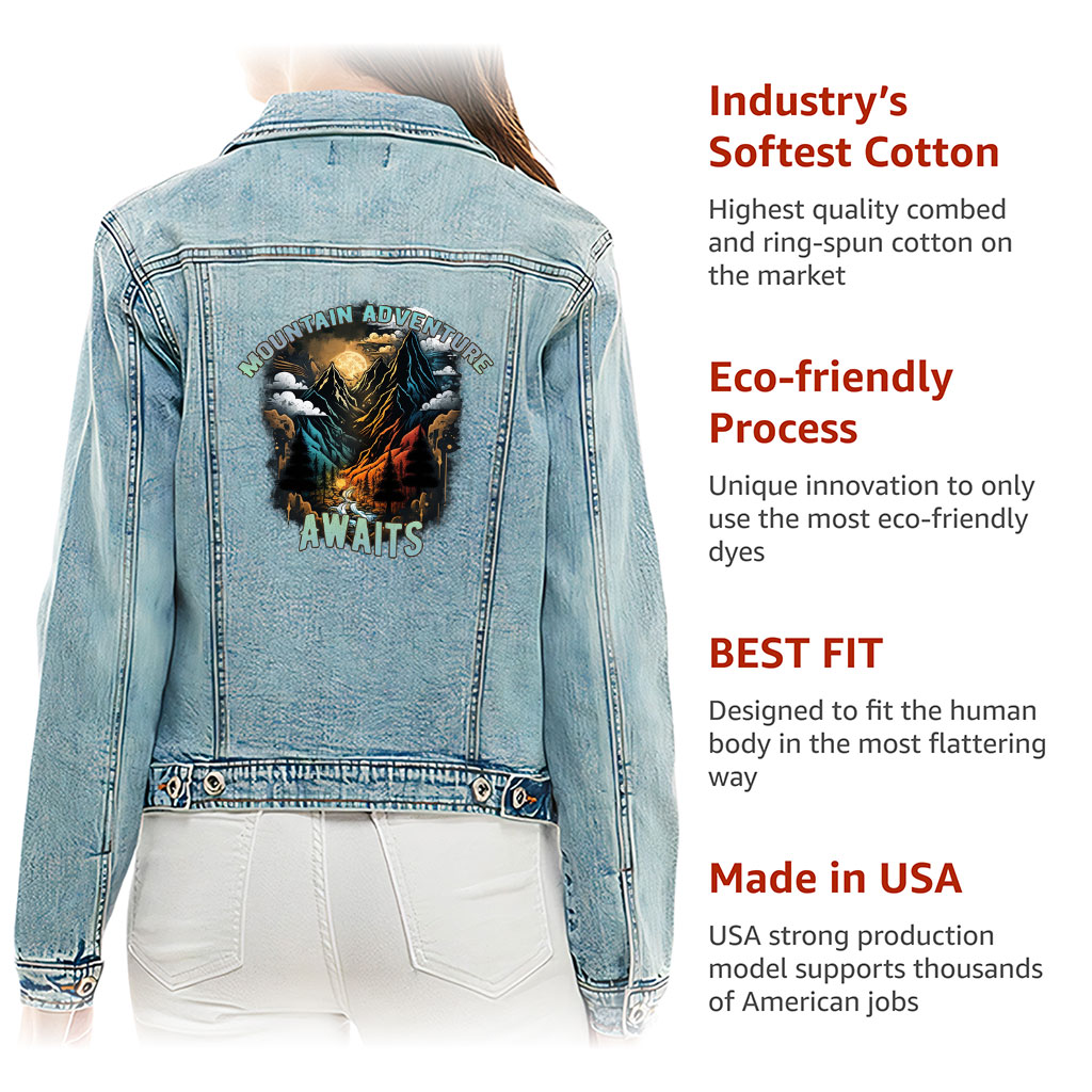 Detailed look at Ladies Casual Denim Jacket – “Mountain Awaits” – Travel Print – Washed Blue - image 4 (product view)