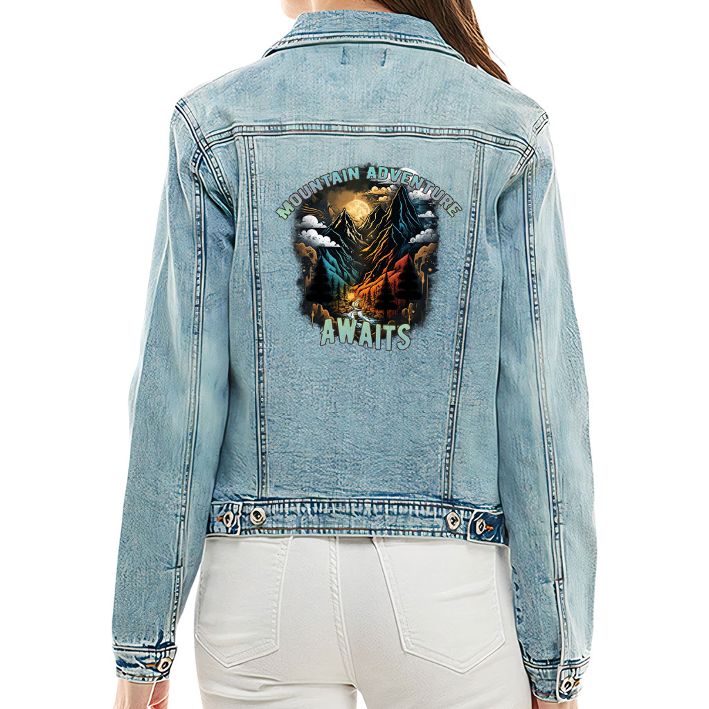 Image of Ladies Casual Denim Jacket – “Mountain Awaits” – Travel Print – Washed Blue - view 0 (product view)