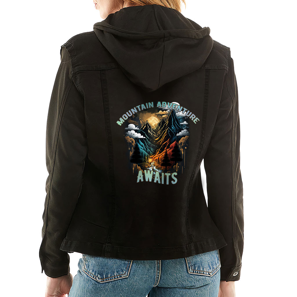 Ladies Denim Jacket with Fleece Hoodie – “Mountain Awaits” – Travel Print – Black Denim