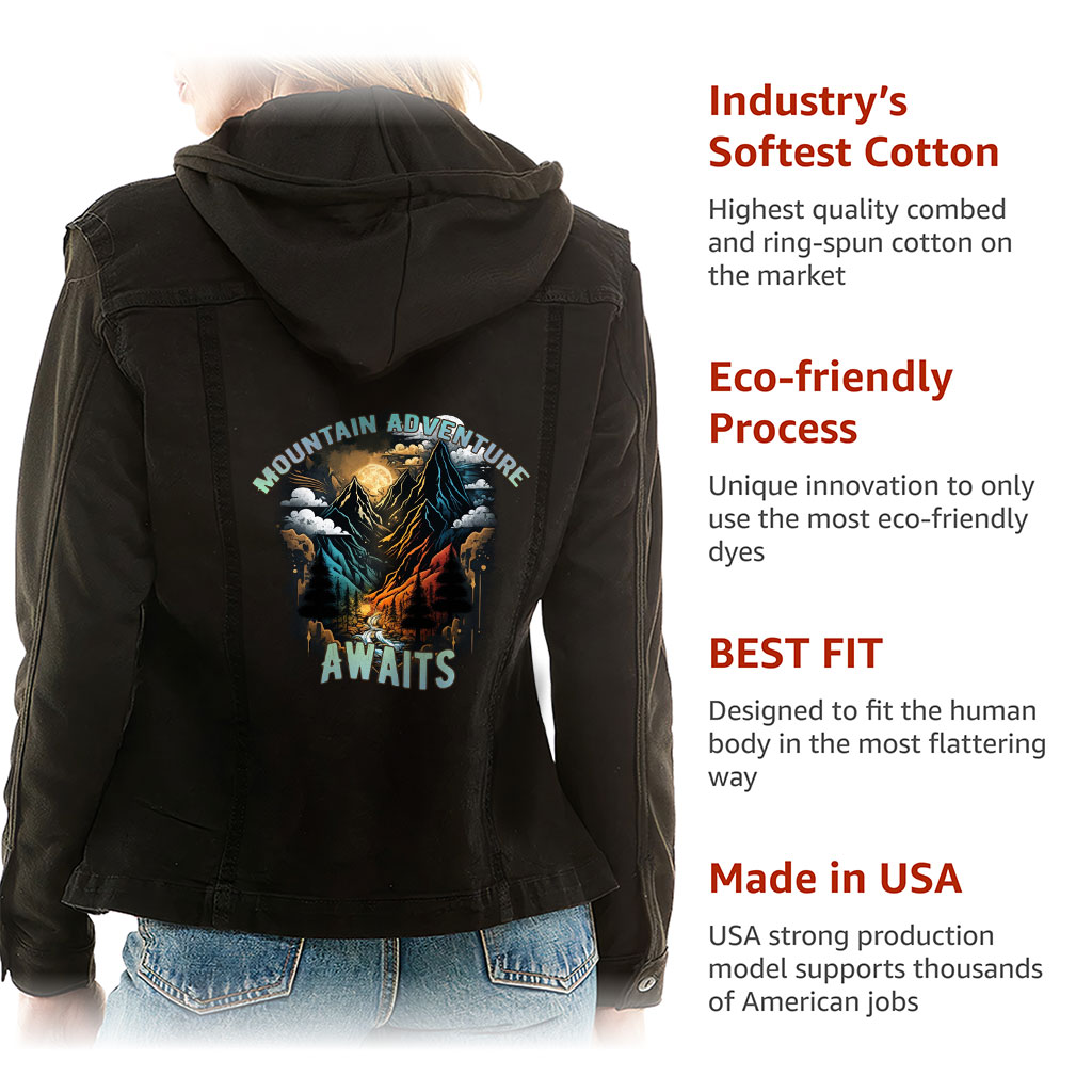 Ladies Denim Jacket with Fleece Hoodie – “Mountain Awaits” – Travel Print – Black Denim - View 5