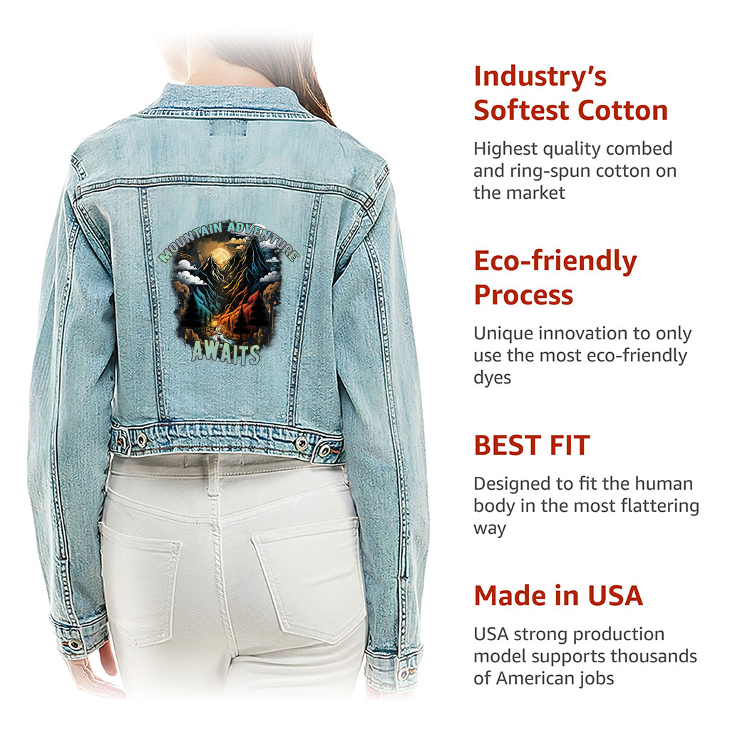 Cropped Ladies Denim Jacket – “Mountain Awaits” – Travel Print – Washed Blue - View 5