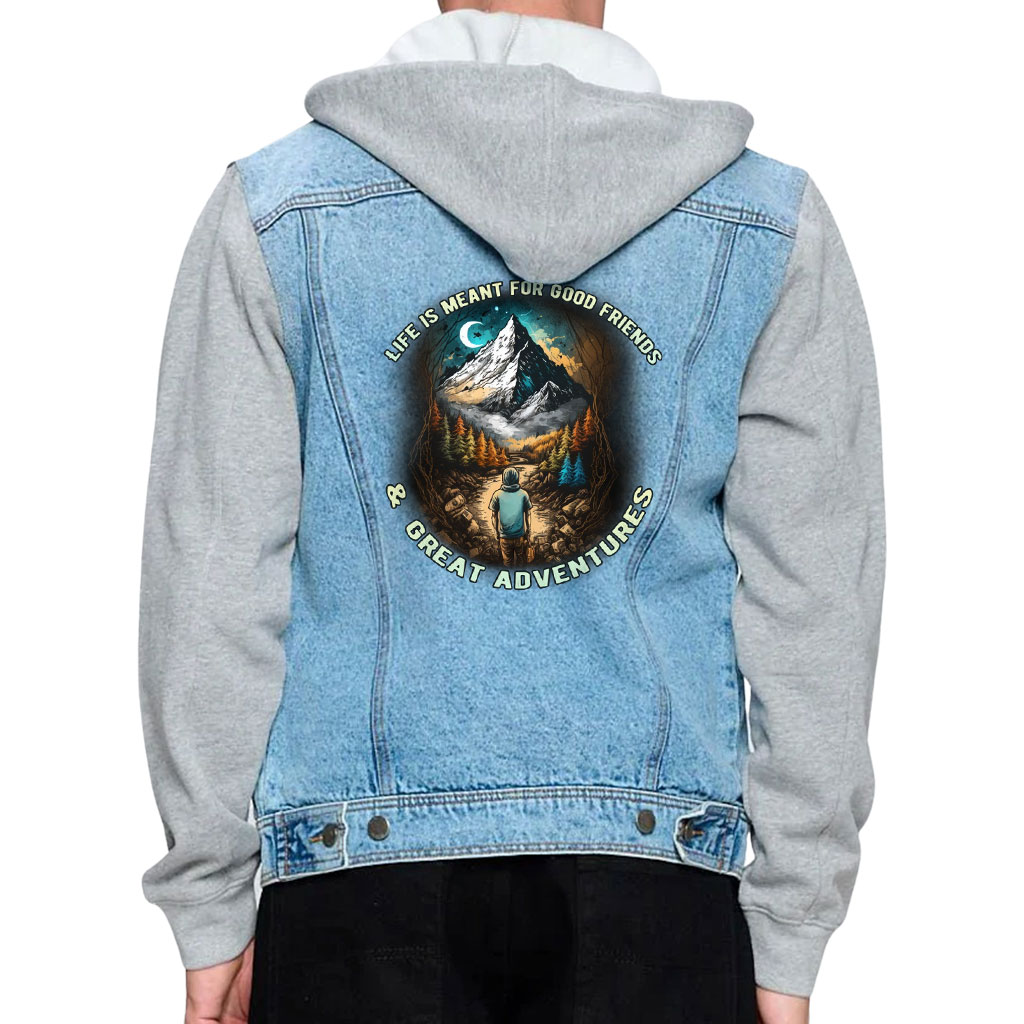 Men’s Denim Jacket with Fleece Hoodie – “Great Adventures” – Hiking Print – Blue & Gray