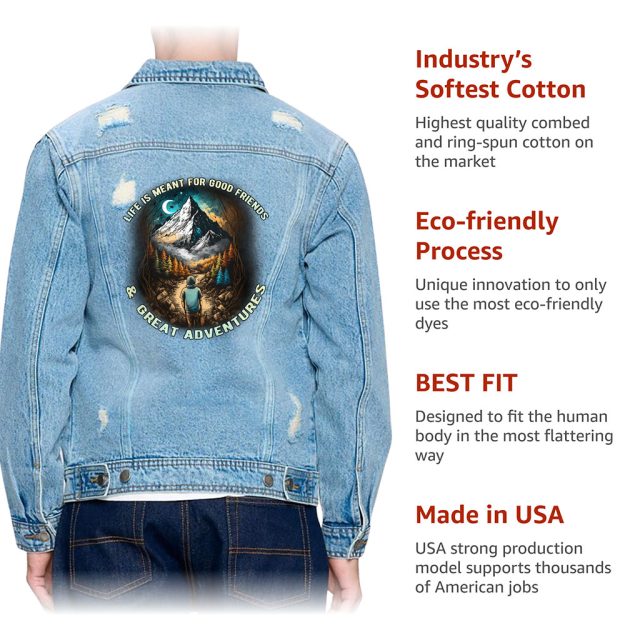 Detailed look at Men’s Distressed Denim Jacket – “Great Adventures” – Hiking Print – Light Blue - image 4 (product view)