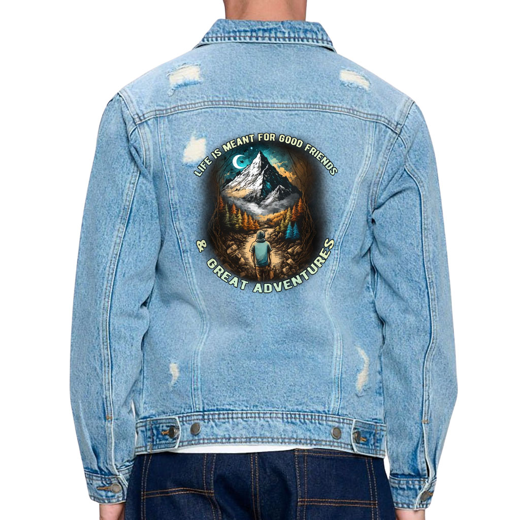 Image of Men’s Distressed Denim Jacket – “Great Adventures” – Hiking Print – Light Blue - view 0 (product view)