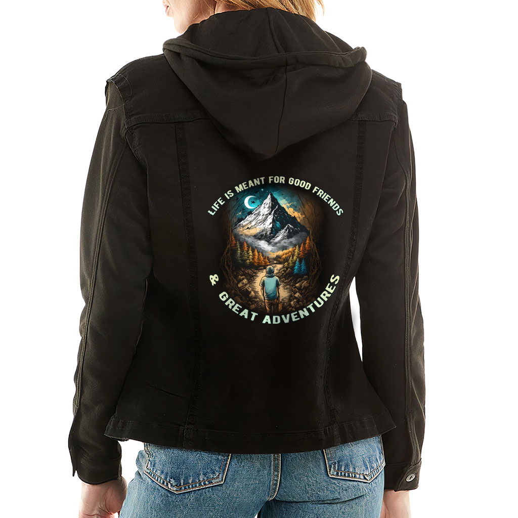 Ladies Denim Jacket with Fleece Hoodie – “Great Adventures” – Hiking Print – Black Denim