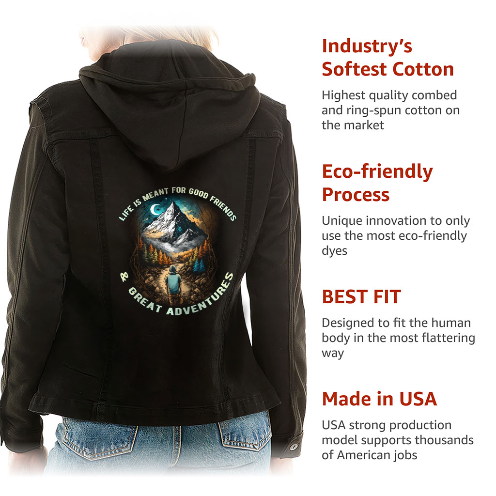 Ladies Denim Jacket with Fleece Hoodie – “Great Adventures” – Hiking Print – Black Denim - View 5