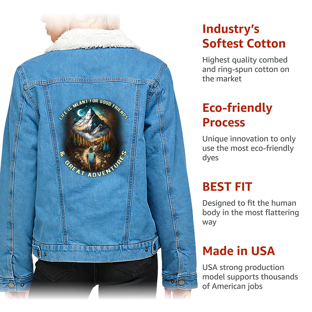 Women’s Sherpa Denim Jacket – “Great Adventures” – Hiking Print – Bright Blue - View 5