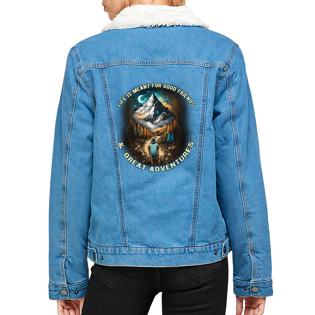 Women’s Sherpa Denim Jacket – “Great Adventures” – Hiking Print – Bright Blue