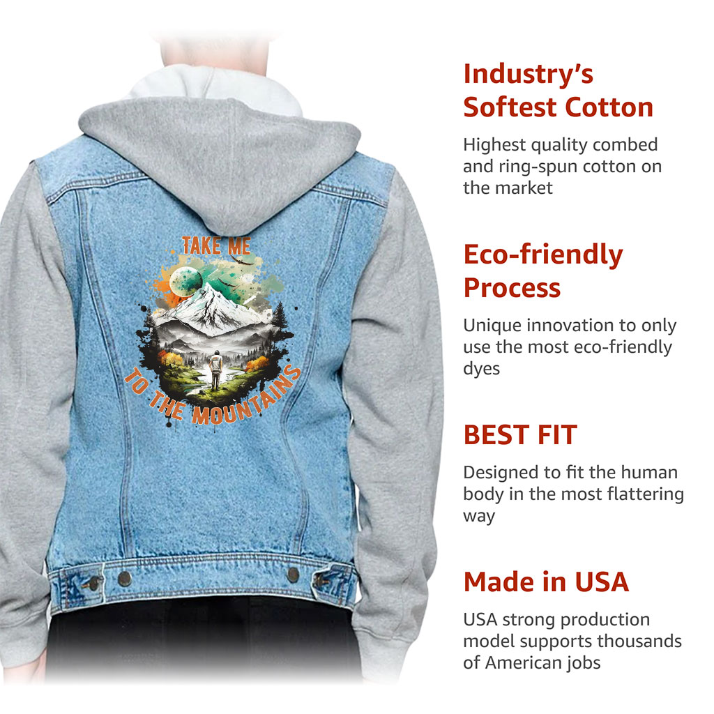 Men’s Denim Jacket with Fleece Hoodie – “Mountains” – Landscape Print – Blue & Gray - View 5