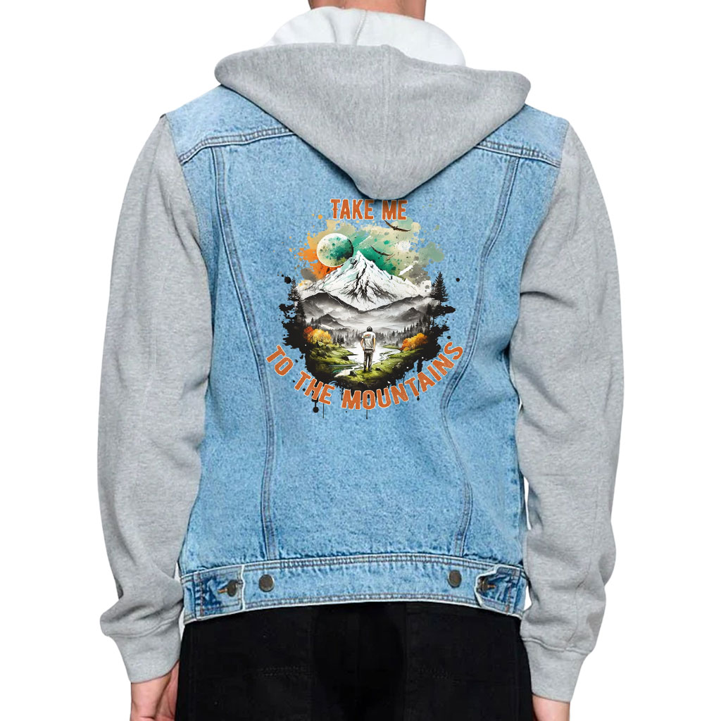 Men’s Denim Jacket with Fleece Hoodie – “Mountains” – Landscape Print – Blue & Gray