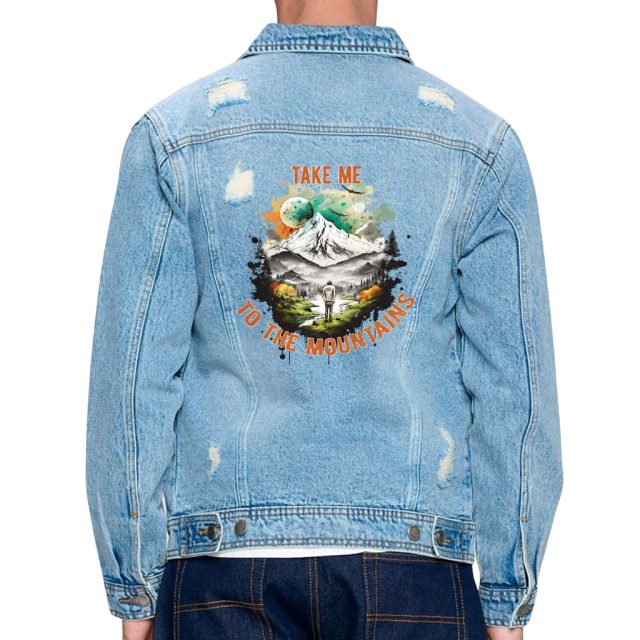 Men’s Distressed Denim Jacket – “Mountains” – Landscape Print – Light Blue