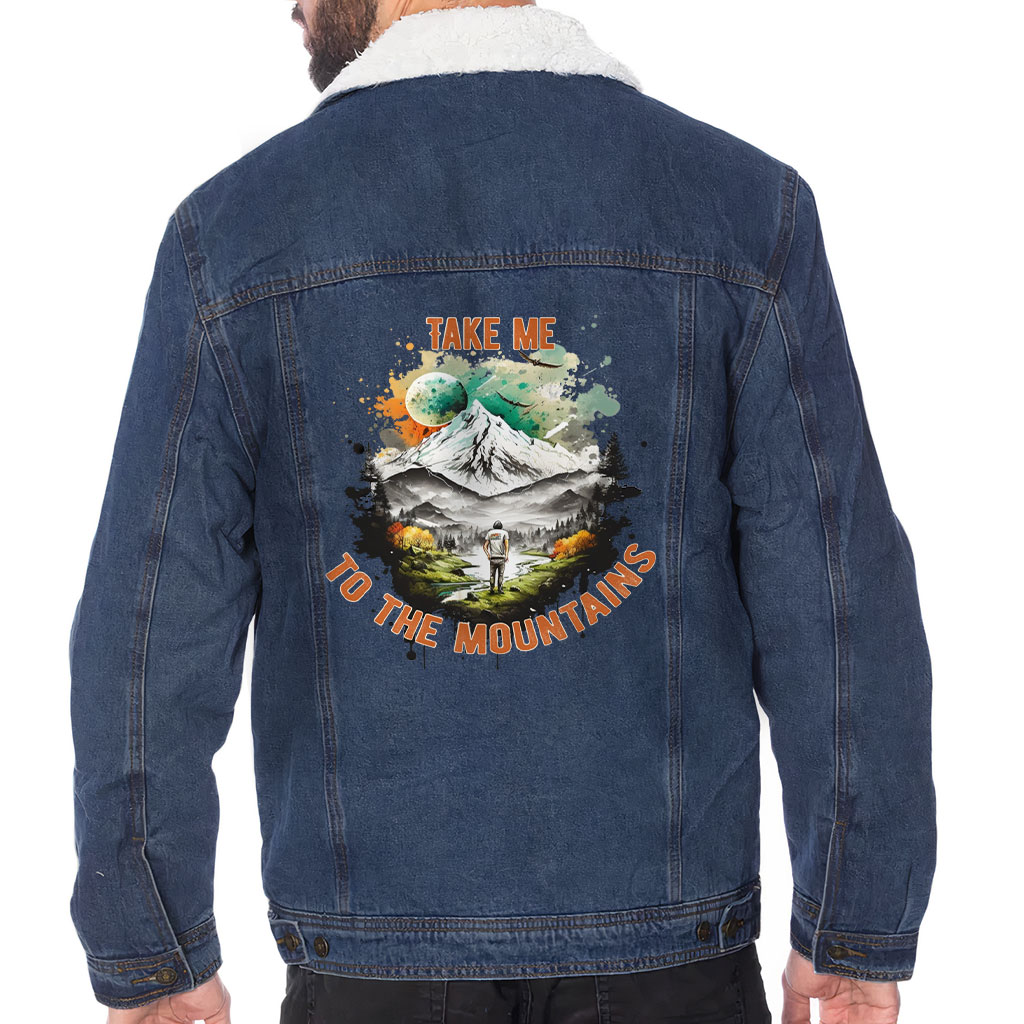 Image of Men’s Sherpa-Lined Denim Jacket – “Mountains” – Landscape Print – Dark Blue - view 0 (product view)