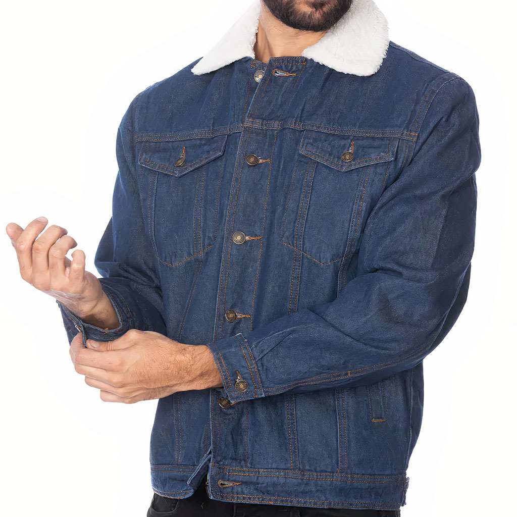 Men’s Sherpa-Lined Denim Jacket – “Mountains” – Landscape Print – Dark Blue product image 3 (product view)