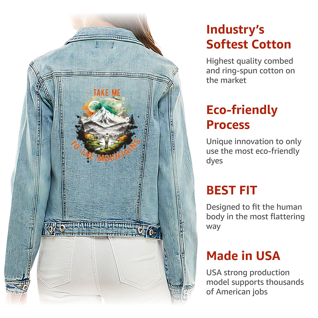 Ladies Casual Denim Jacket – “Mountains” – Landscape Print – Washed Blue - View 5