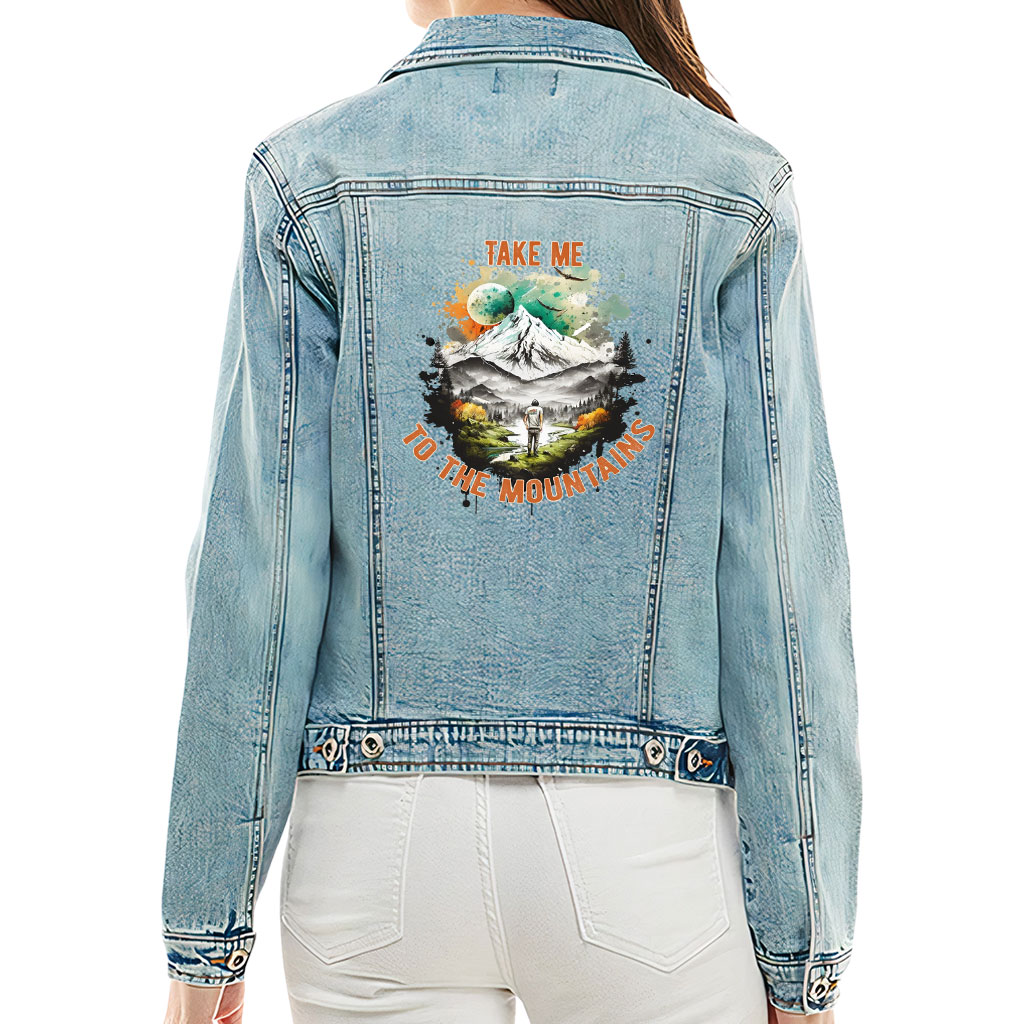 Ladies Casual Denim Jacket – “Mountains” – Landscape Print – Washed Blue