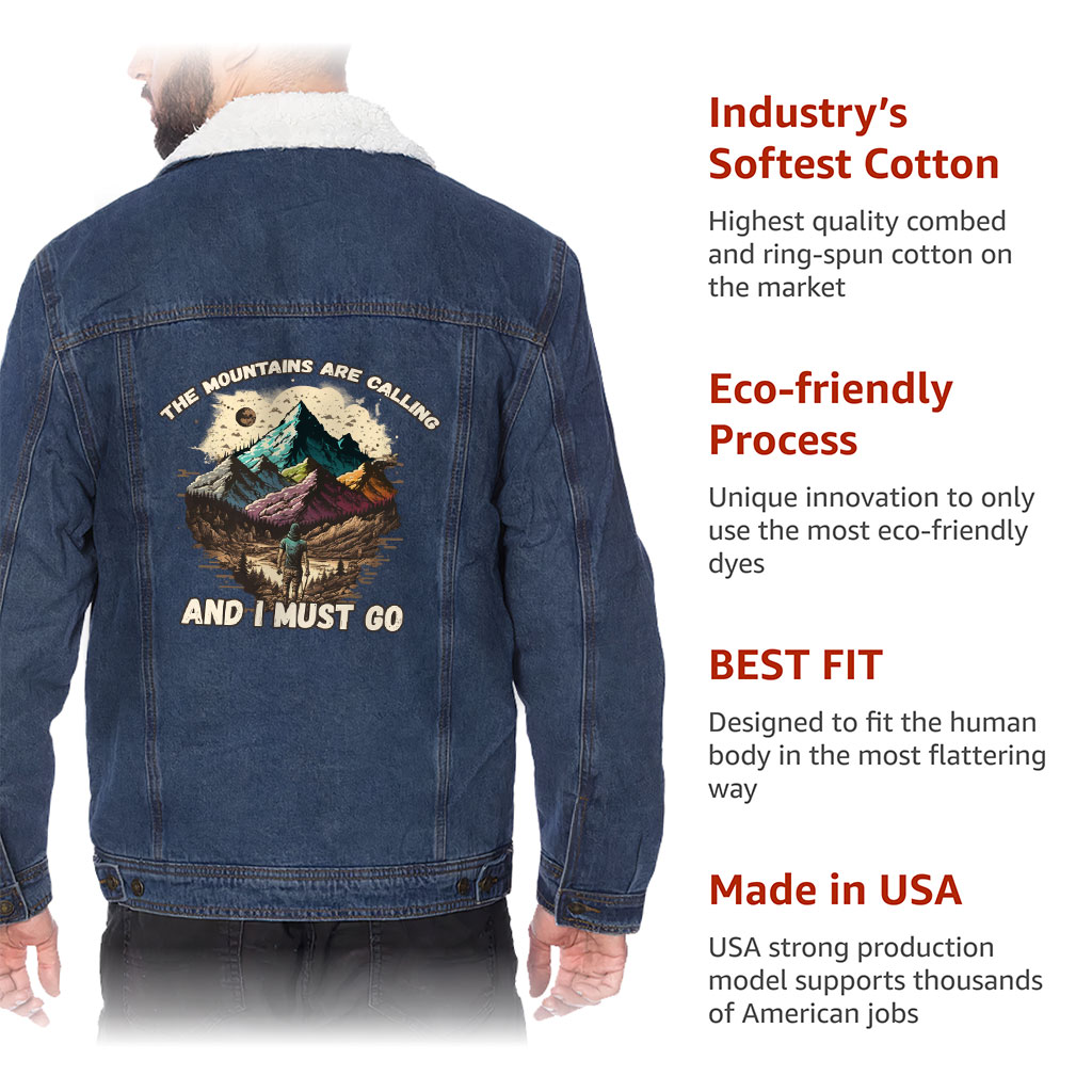 Men’s Sherpa-Lined Denim Jacket – “Mountains Are Calling” – Nature Print – Dark Blue - View 6