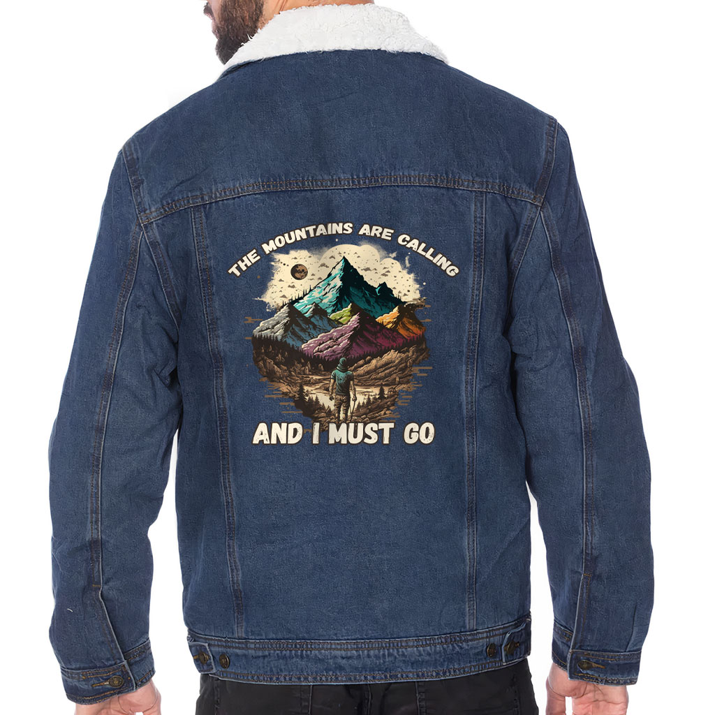 Men’s Sherpa-Lined Denim Jacket – “Mountains Are Calling” – Nature Print – Dark Blue