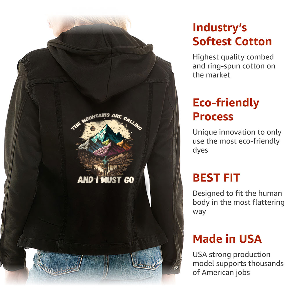 Ladies Denim Jacket with Fleece Hoodie – “Mountains Are Calling” – Nature Print – Black Denim - View 5