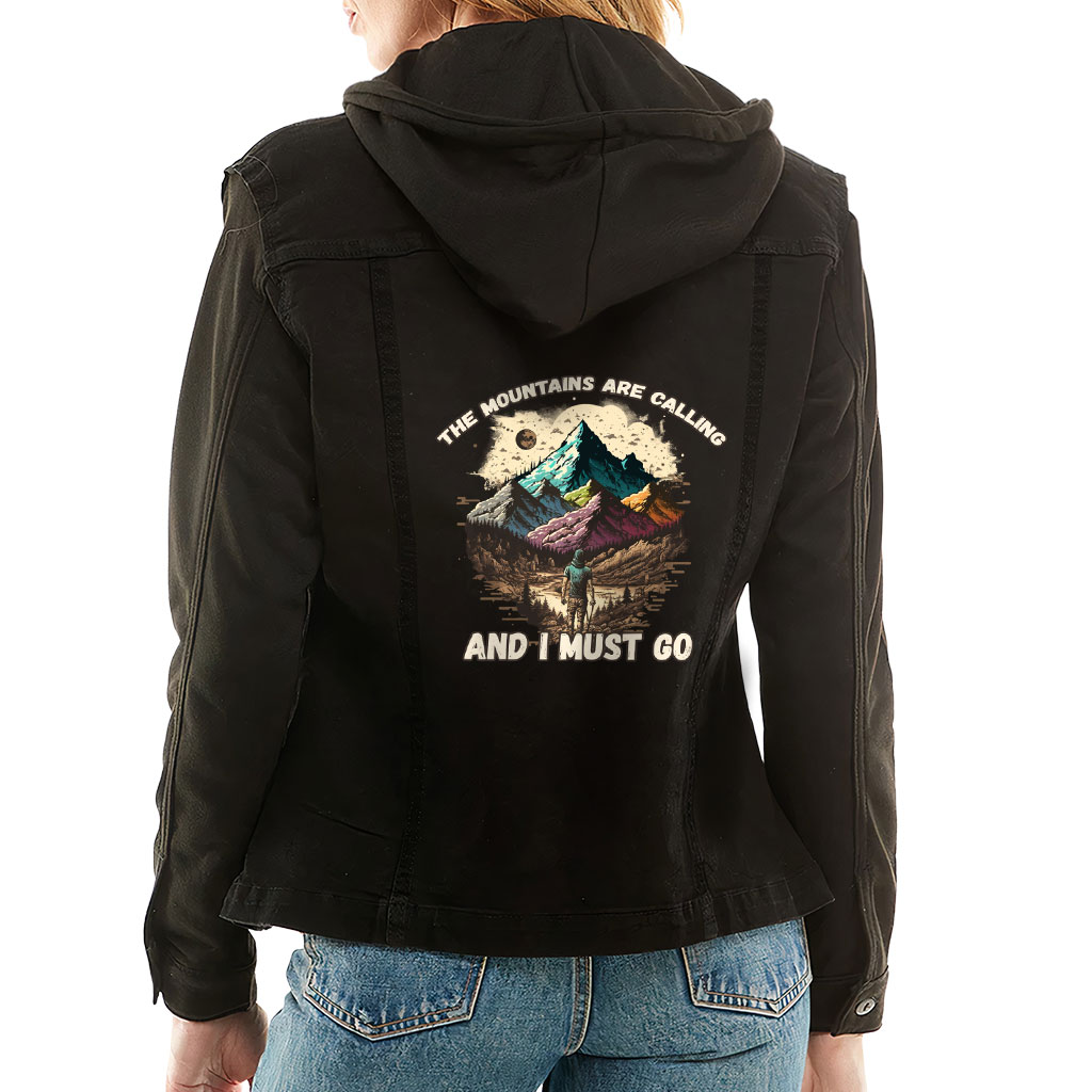 Ladies Denim Jacket with Fleece Hoodie – “Mountains Are Calling” – Nature Print – Black Denim
