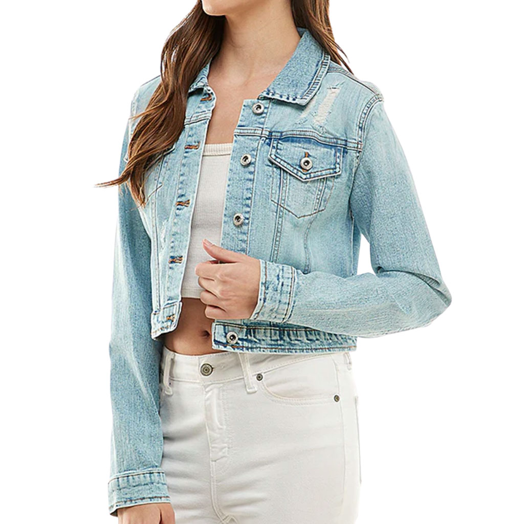 Cropped Ladies Denim Jacket – “Mountains Are Calling” – Nature Print – Washed Blue - View 3