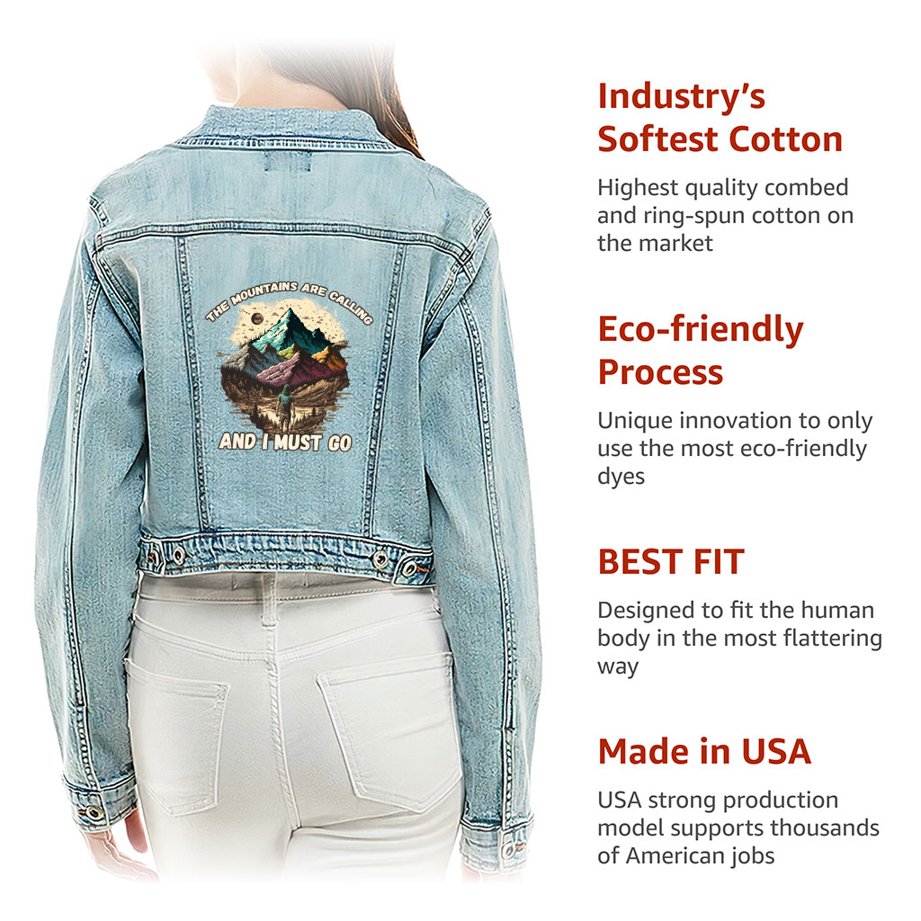 Cropped Ladies Denim Jacket – “Mountains Are Calling” – Nature Print – Washed Blue - View 5