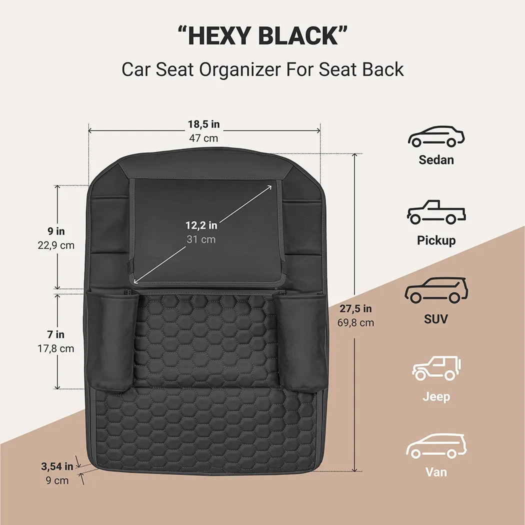 Car Back Of Seat Organizer  |  Black “Hexy” by Owleys in detail - image 1 (product view)