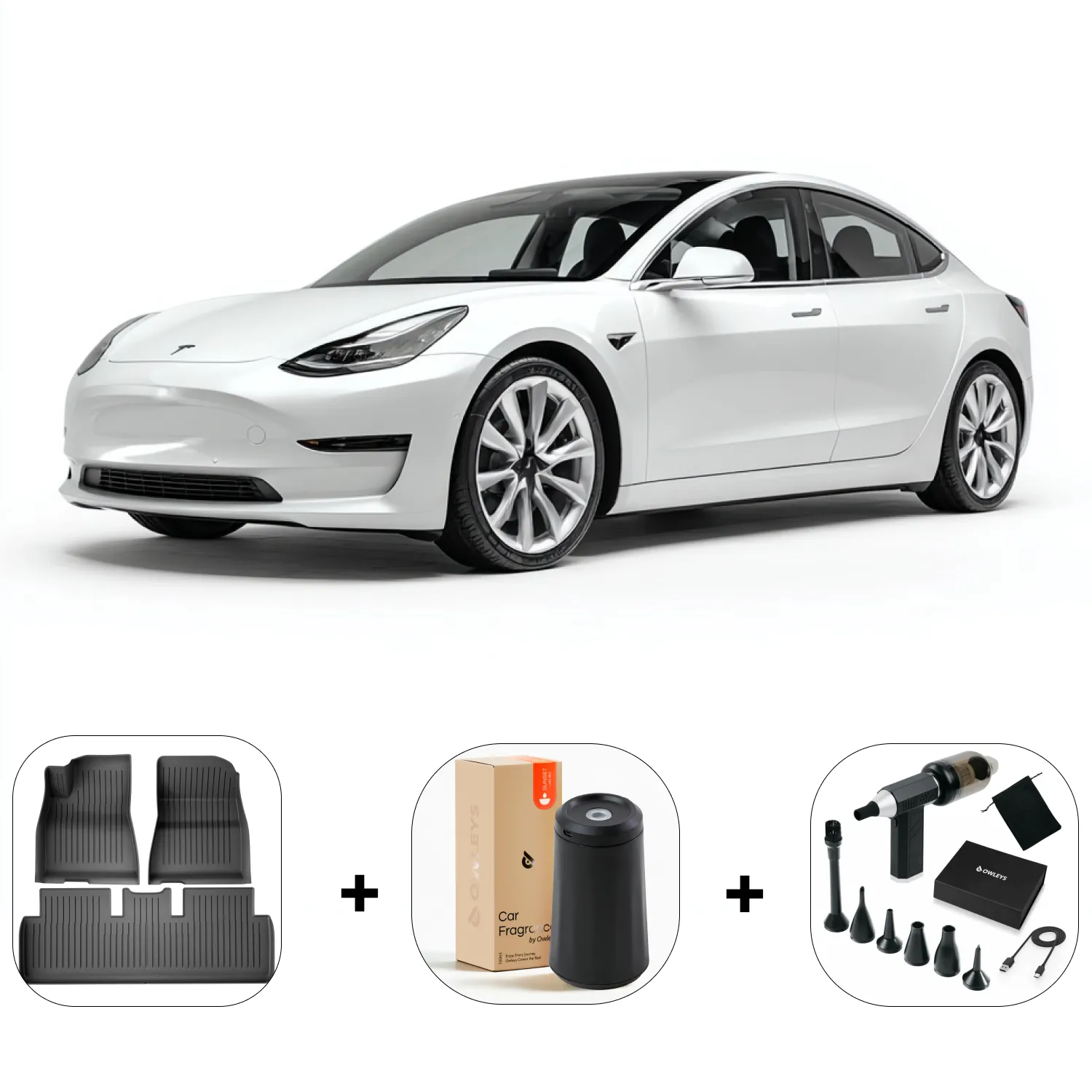 Tesla Model 3 Car Accessories  |  Floor Mats, Vacuum Cleaner & Air Freshener Combo