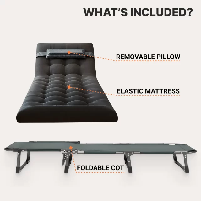 Close-up of Foldable Camping Cot With Mat & Pillow  |  “Graphite” by Owleys - view 2 (product view)