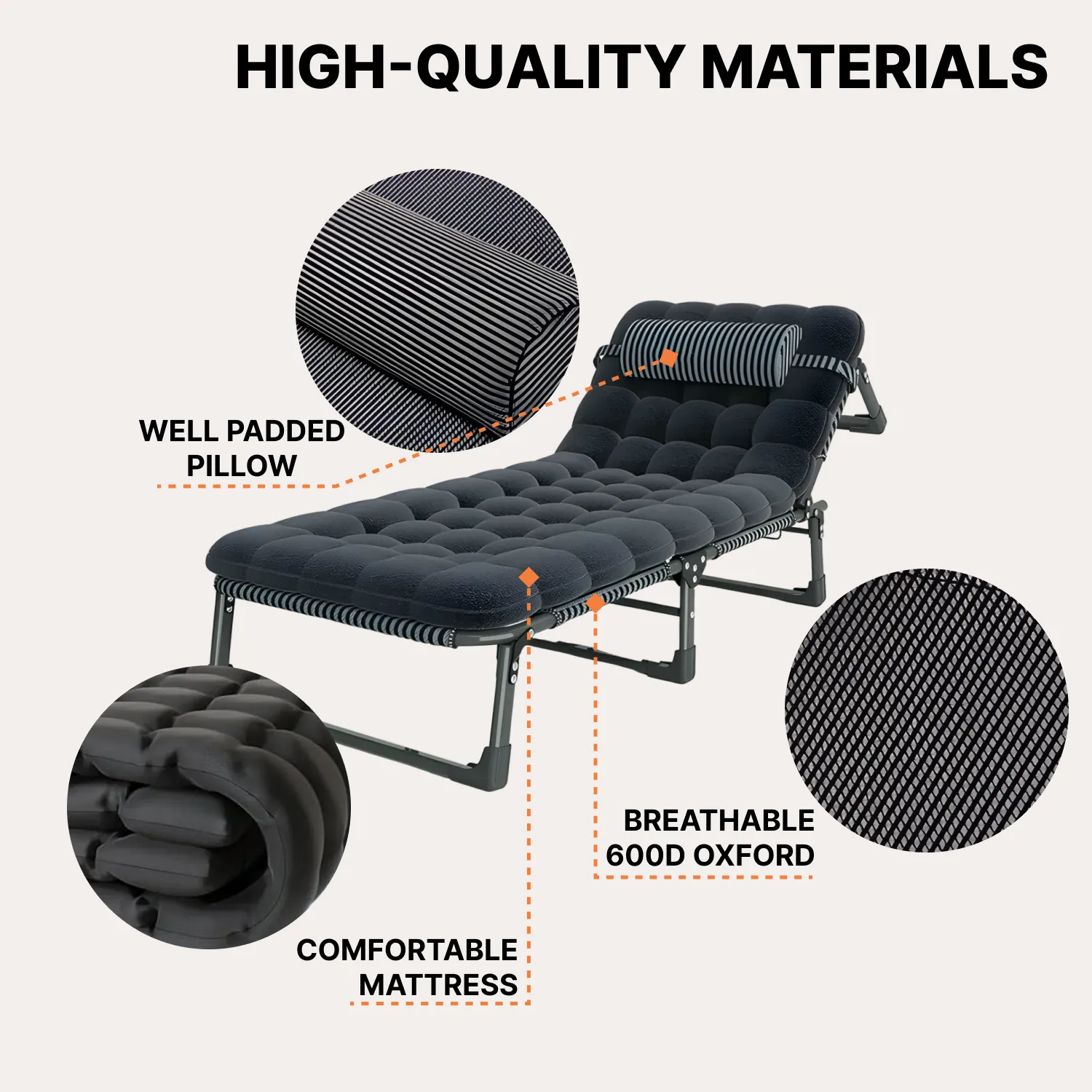 Foldable Camping Cot With Mat & Pillow  |  “Graphite” by Owleys product image 3 (product view)