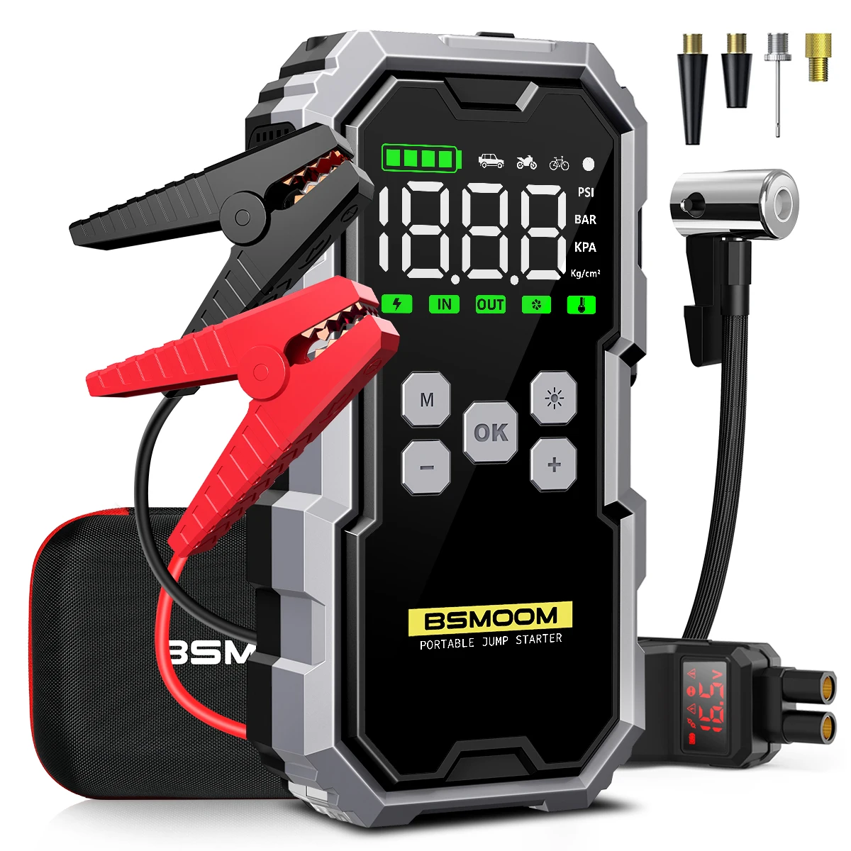 Portable Car Jump Starter with 21800mAh Battery, Air Compressor, and LCD Display