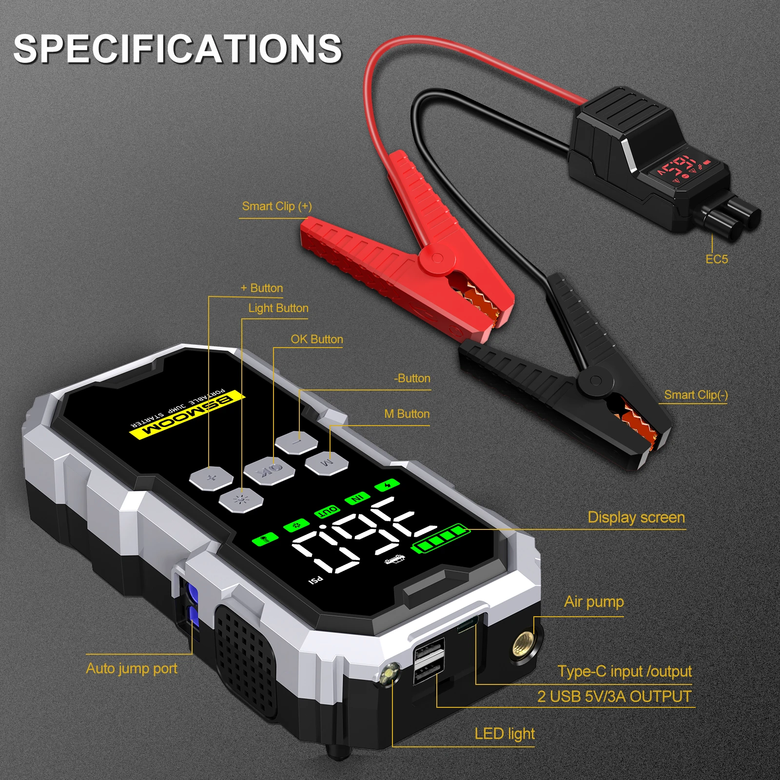 Portable Car Jump Starter with 21800mAh Battery, Air Compressor, and LCD Display - View 7