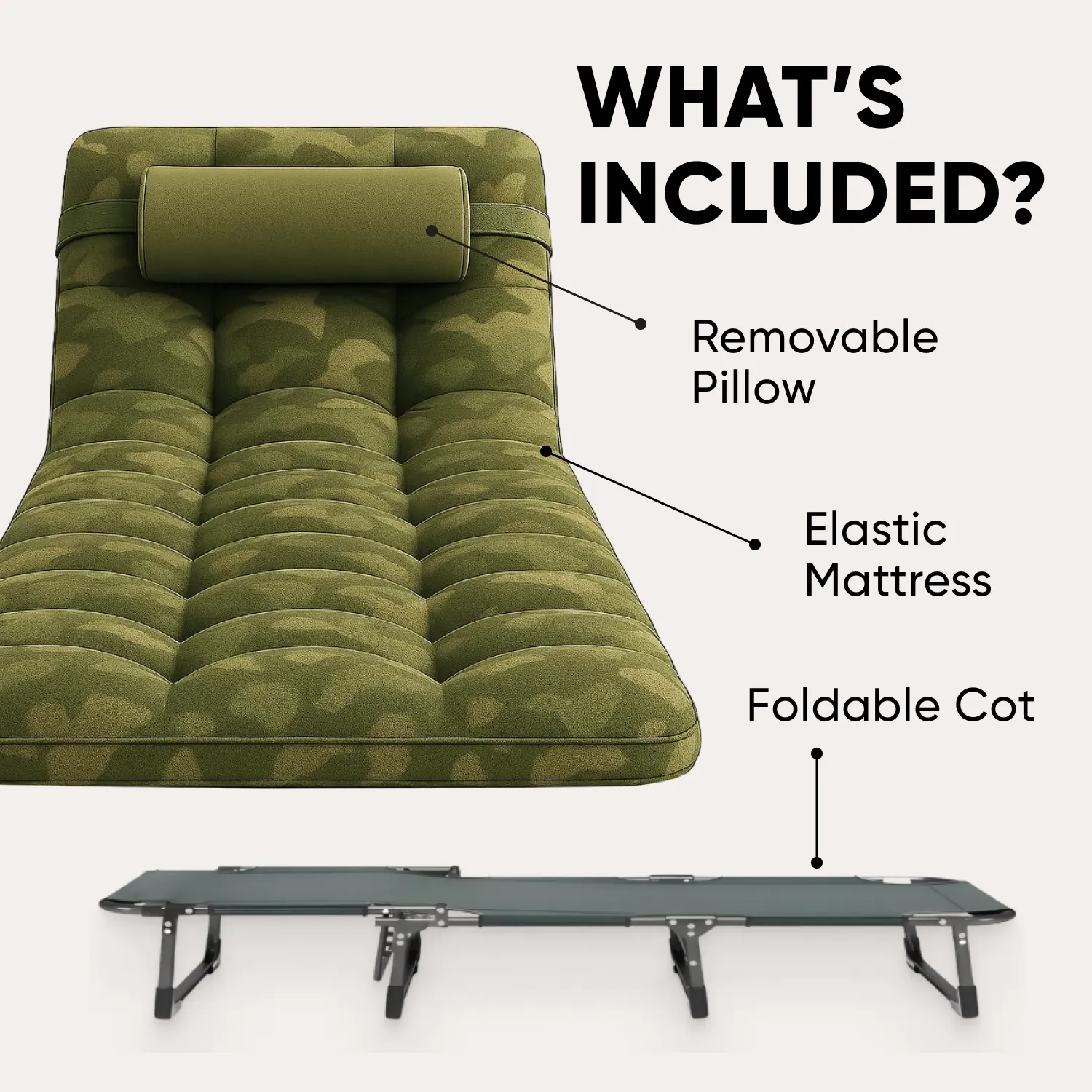 Folding Bed Cot with Mattress | “Green Camo” by Owleys - View 4