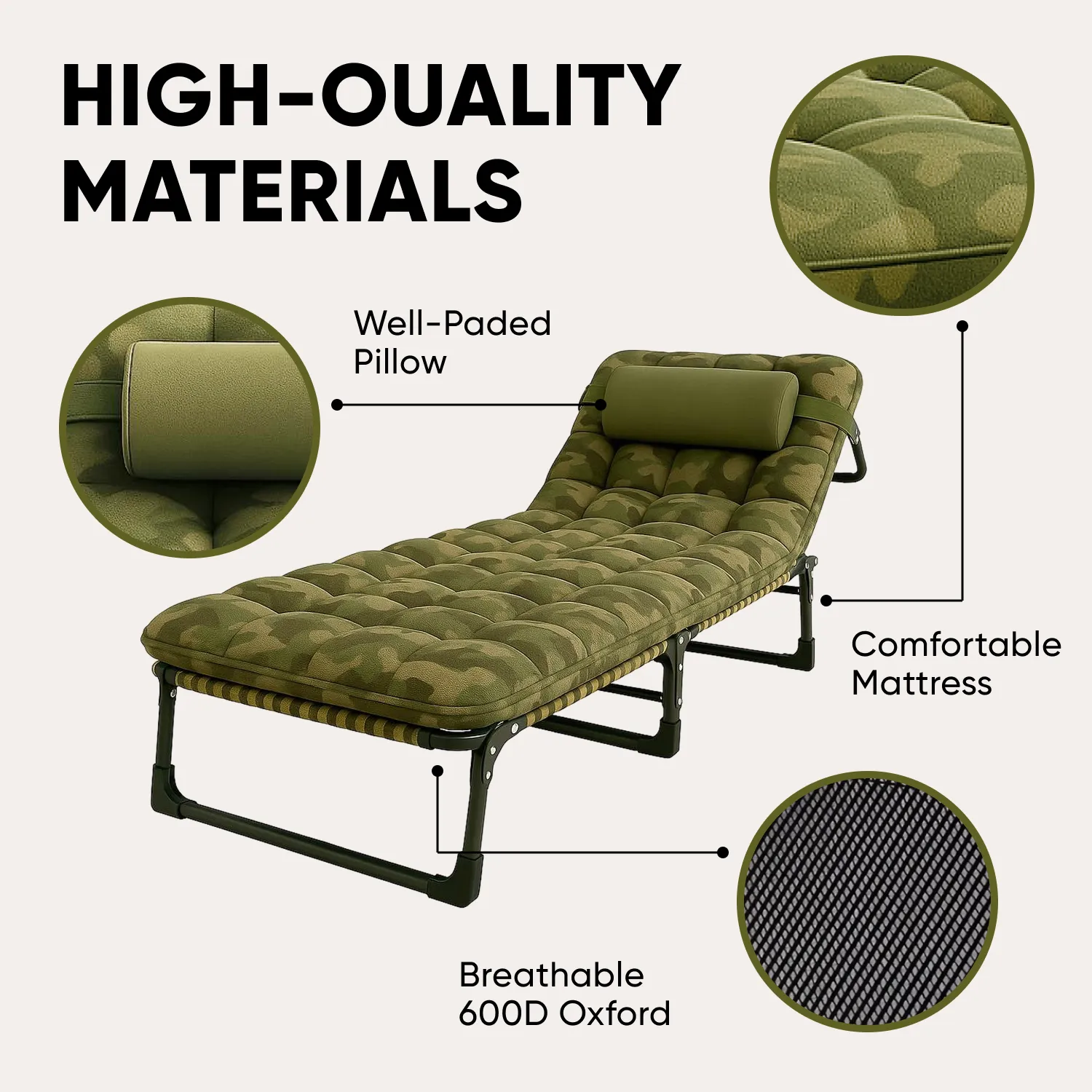Folding Bed Cot with Mattress | “Green Camo” by Owleys - View 3