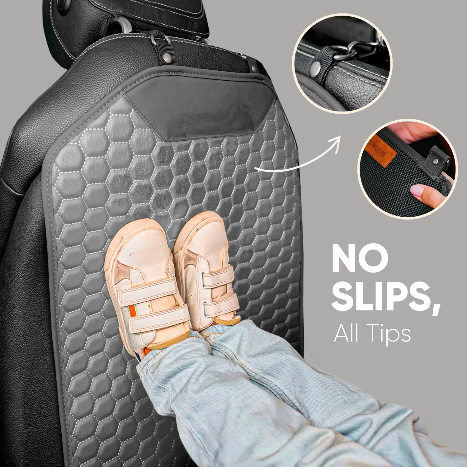 Car Seat Back Protector, Car Kick Mat | Gray “Hexy” by Owleys - View 4