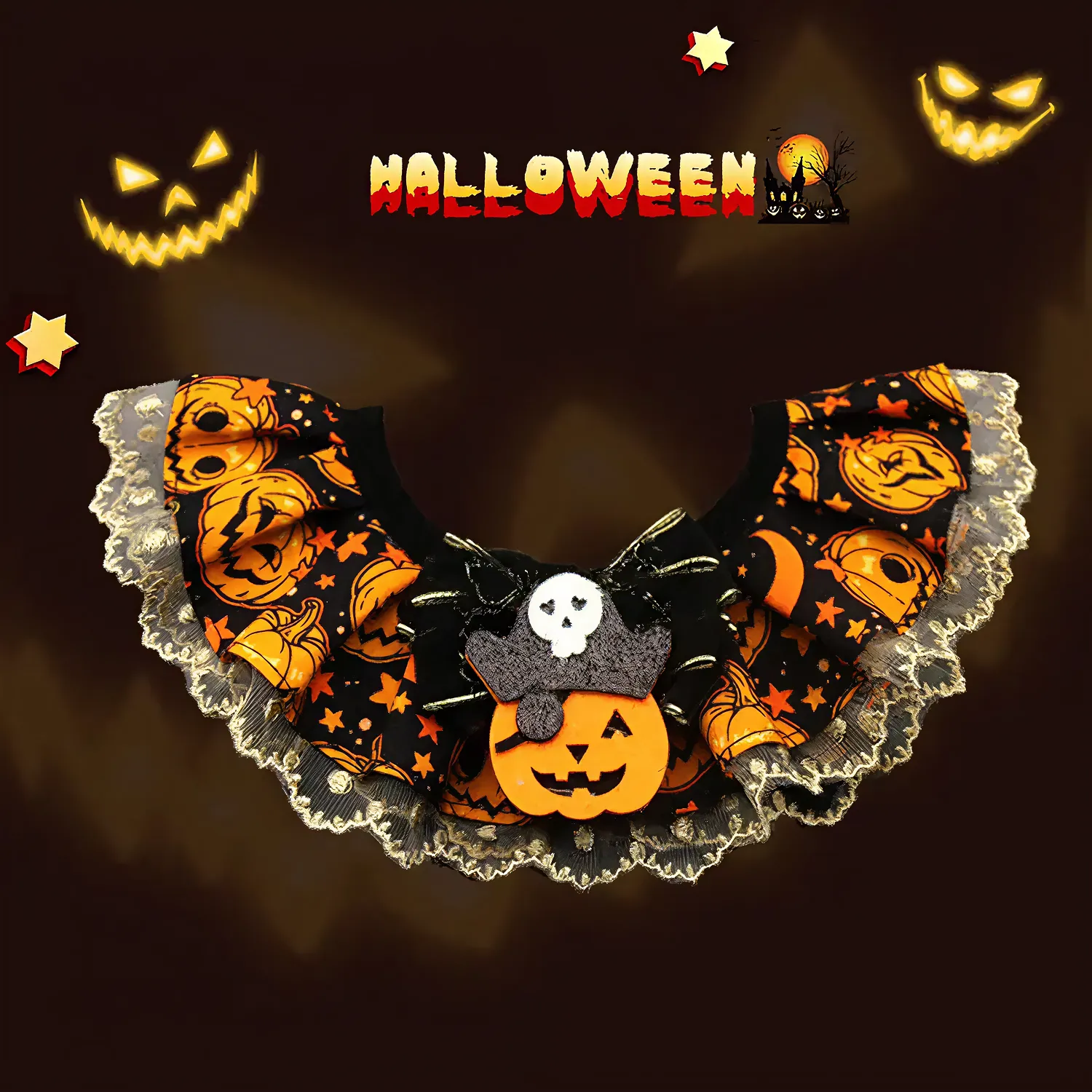 Halloween Lace Pet Collar  |  “Pumpkin Lace” by Owleys - View 6