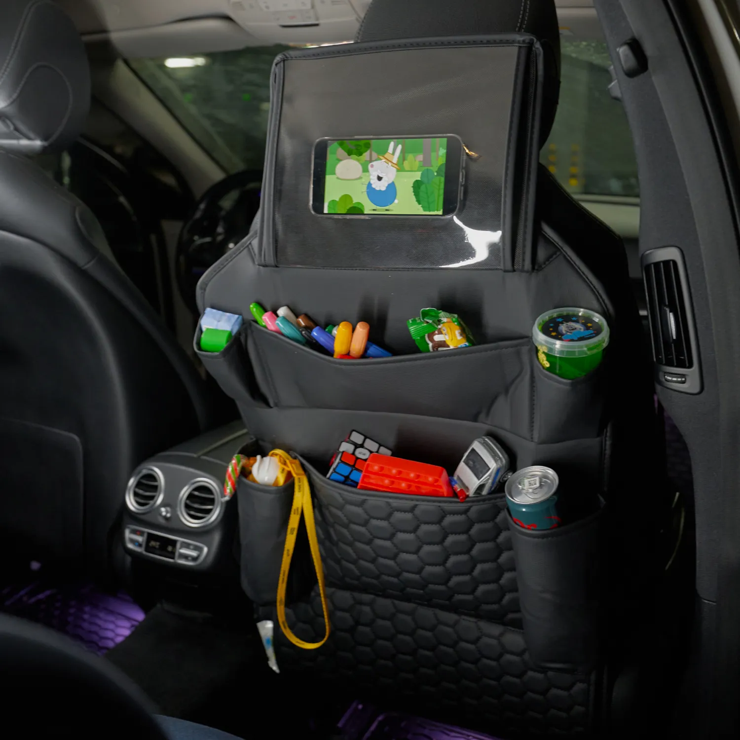Black Hexy Seat Back Organizer & Seat Protector Set (2 Pcs)  |  Owleys - View 3