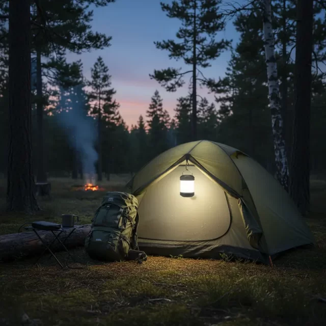 A realistic 16:9 image of a cozy campsite at dusk featuring the Lumiluxe Portable LED Tent Light hanging inside a tent entrance, glowing brightly with a warm white light. The tent is pitched in a forest clearing with surrounding trees and a faint evening sky. Nearby camping gear like a backpack and a portable power bank with a USB cable subtly visible. The scene conveys a safe, comfortable, and well-lit campsite atmosphere emphasizing the light’s portability, brightness, and waterproof design without any logos, text, or captions.