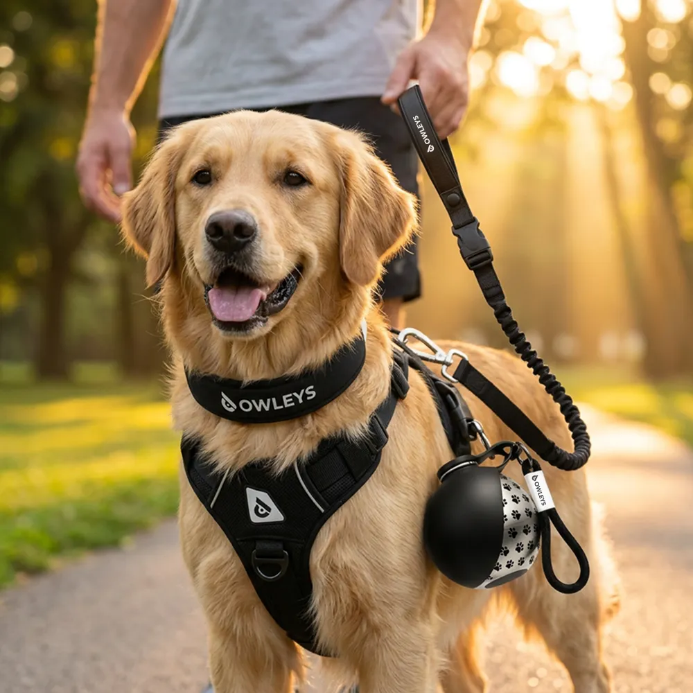Owleys Dog Walk Set — Harness, Collar, Leash & Bottle | Black