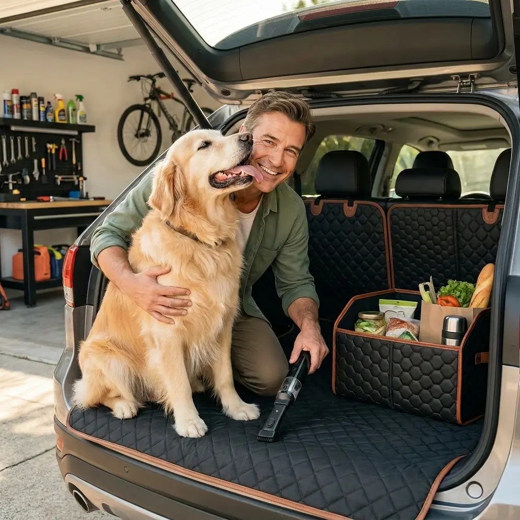 Dad hugging his golden retriever in the trunk with Owleys gear