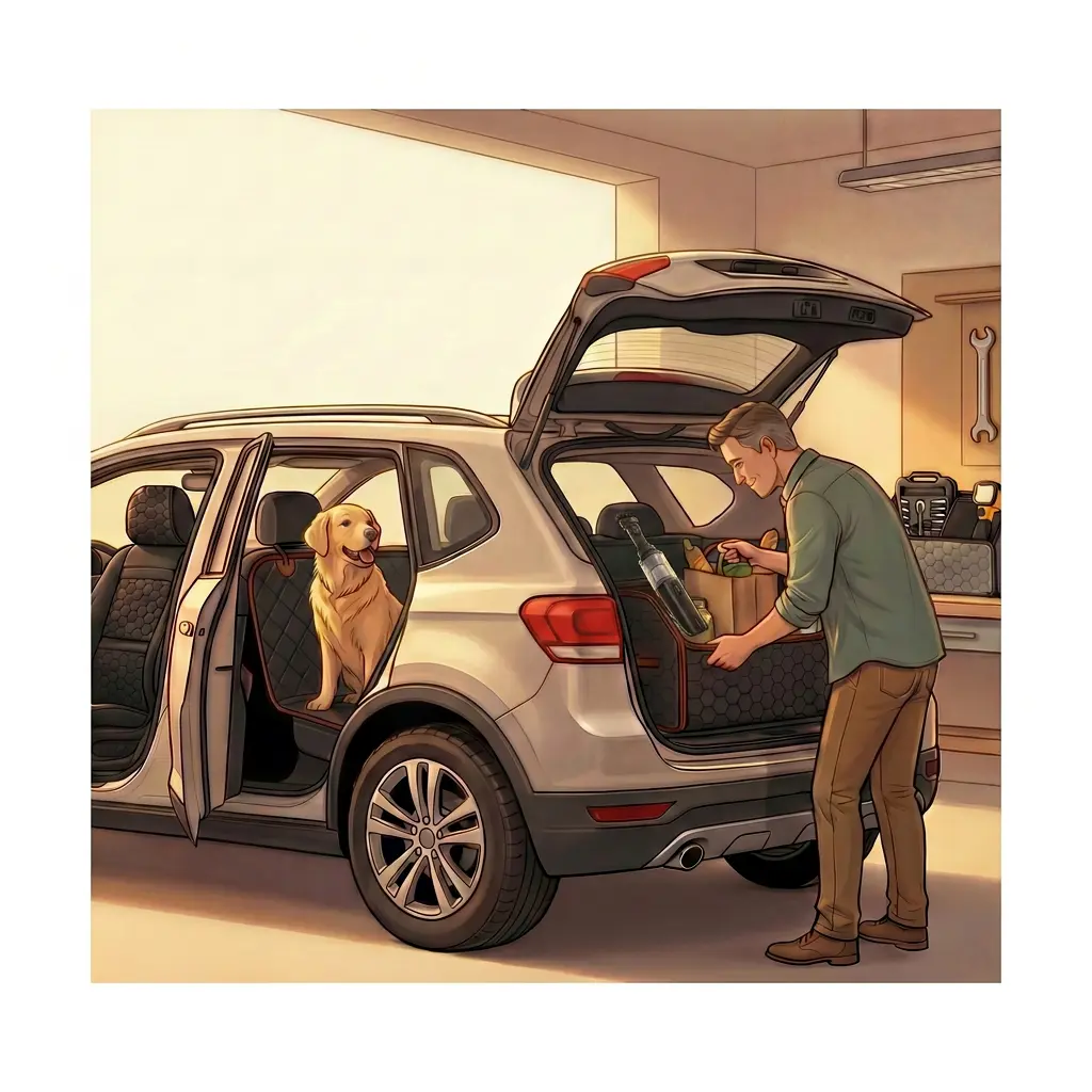 Illustrated garage scene with all five Owleys Father's Day gifts