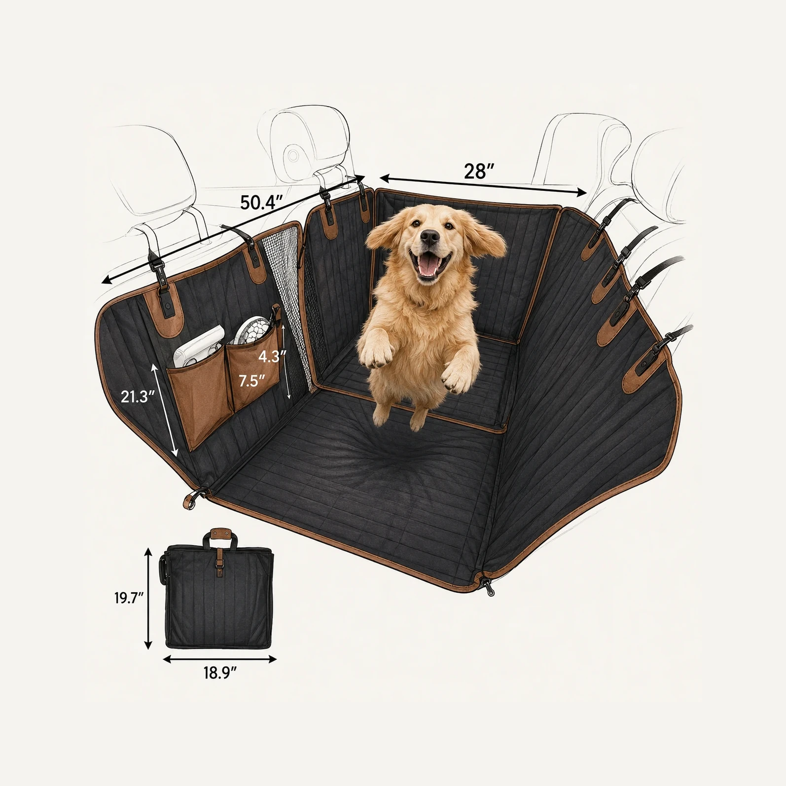 Hand-drawn illustration of the Travel Buddy Mk. II hammock installed in a back seat with a happy puppy