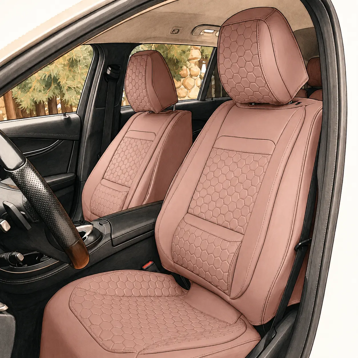 Caramel Harlow eco-leather covers fitted to the front seats, seen from the driver's door