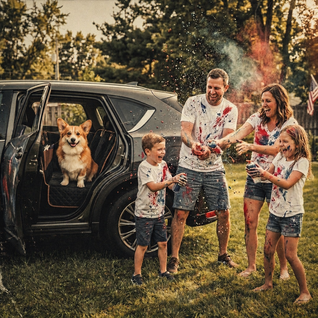 Family paint fight in red, white and blue on the lawn — while the car interior stays spotless