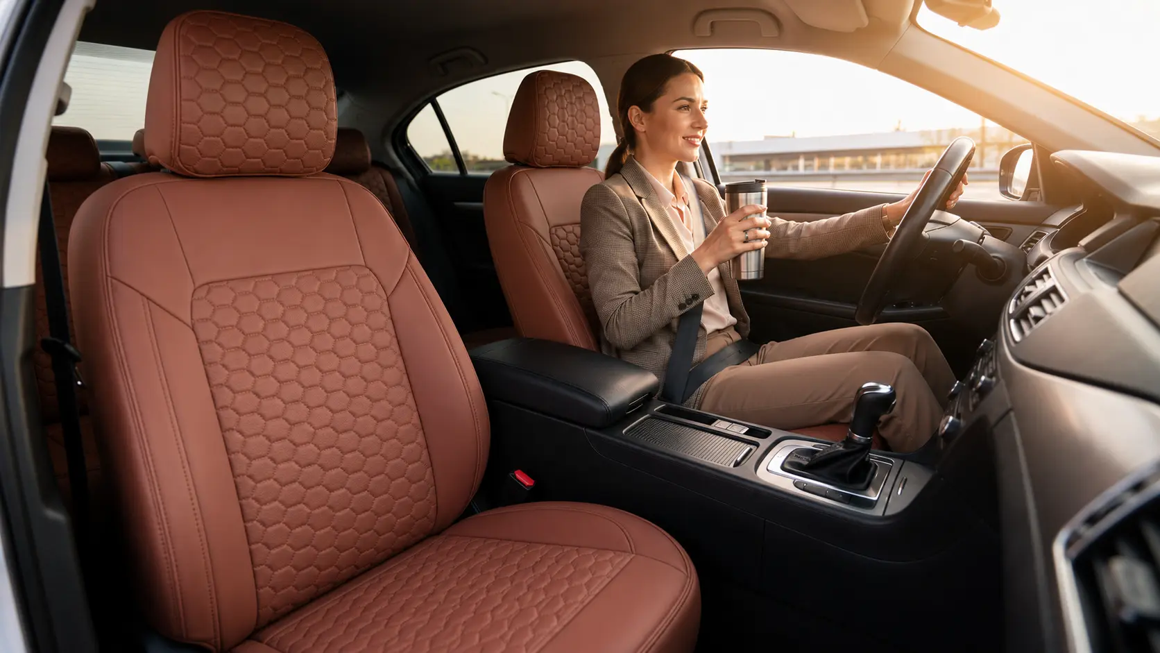 A driver with a travel coffee on caramel Harlow front covers