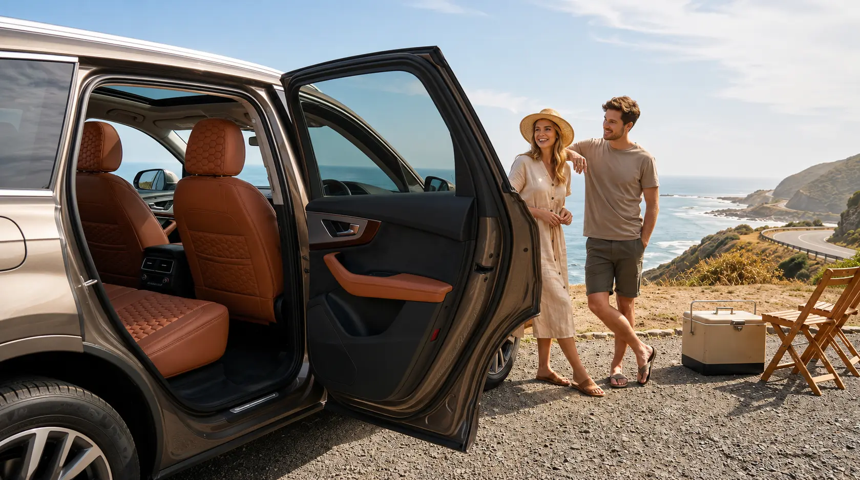 A couple at a coastal overlook beside a car with caramel Harlow covers
