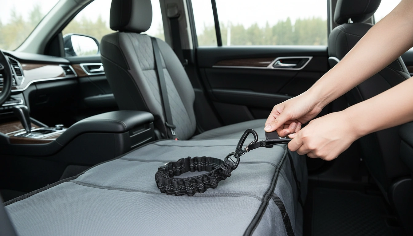 Dog Car Seat Belt setup detail inside a tidy vehicle