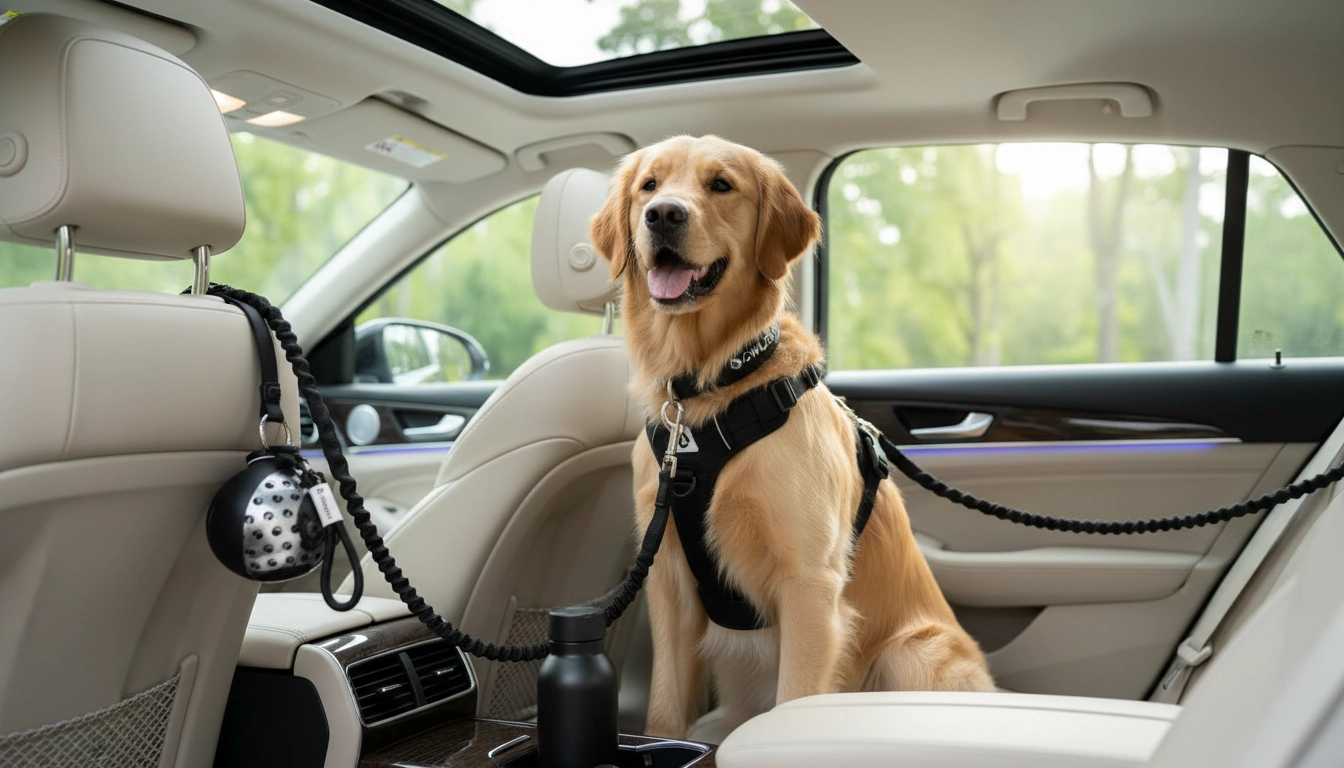 Owleys Dog Walk Set — Harness, Collar, Leash & Bottle | Black arranged inside a clean car interior